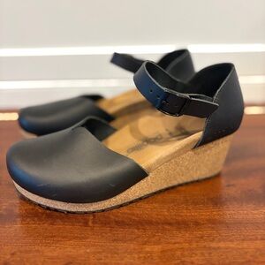 Papillio by Birkenstock Mary Wedge Sandal. Black Strap Mules with Cork Footbed.